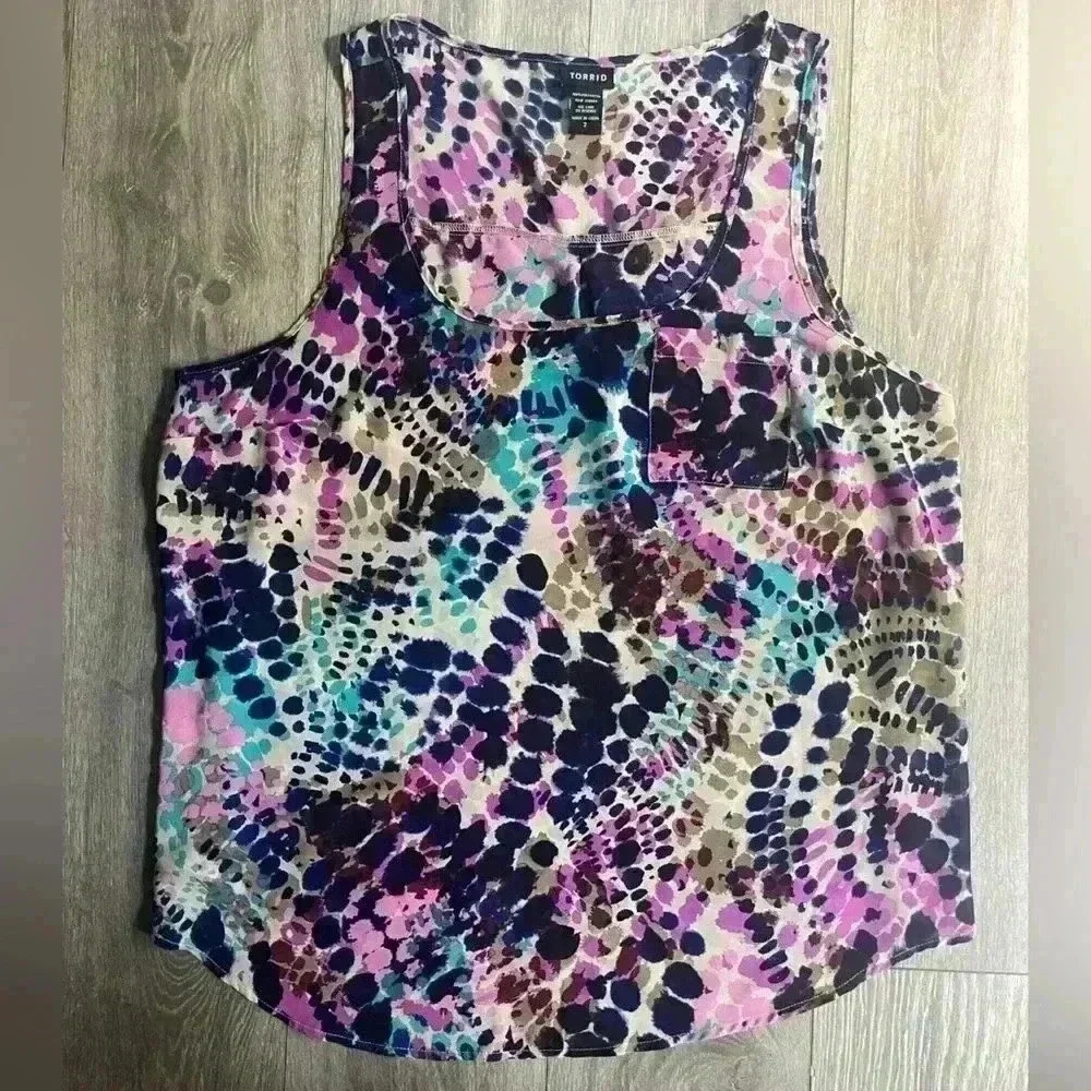 Torrid Semi-Sheer Purple Blue Tan Patterned Print Tank with Pocket Size 2 Spring